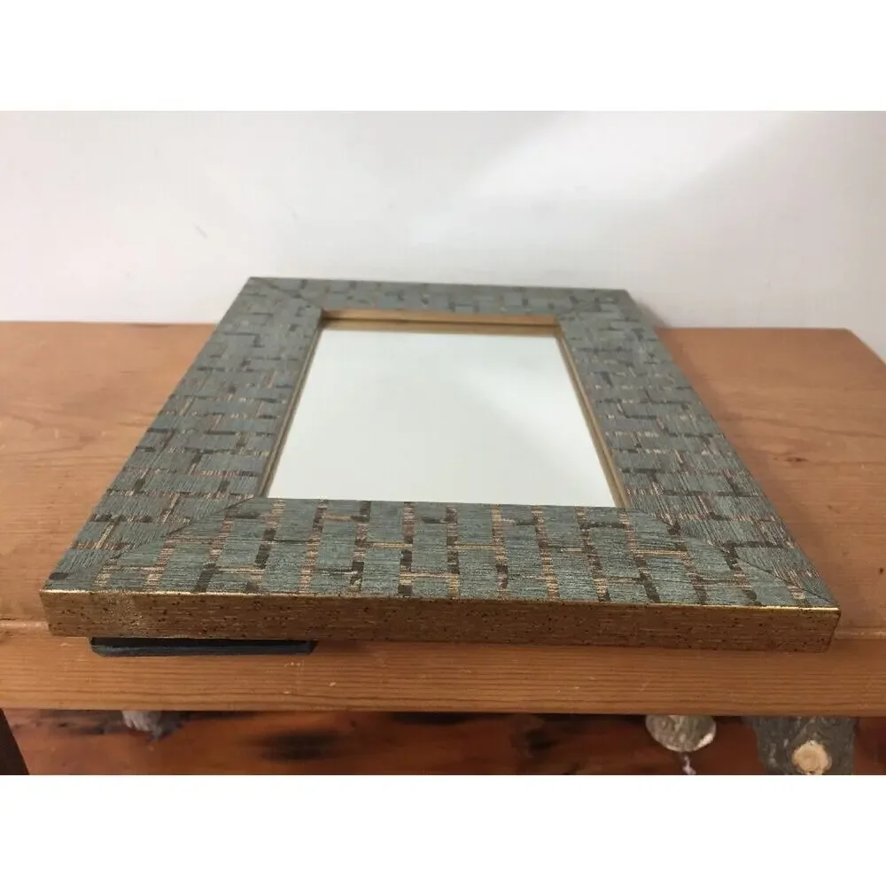 Vintage Rectangular Table Top Framed Mirror Gold Wooden Frame Blue Accents 8x10